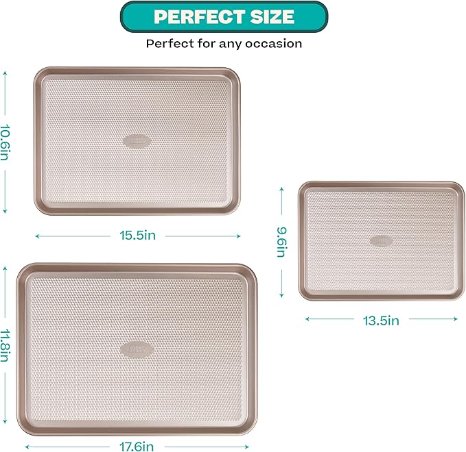 Baker's Secret Baking Sheet Pan Set, 3x Cookie Sheets for Oven, Diamond Texture Premium Air Flow
