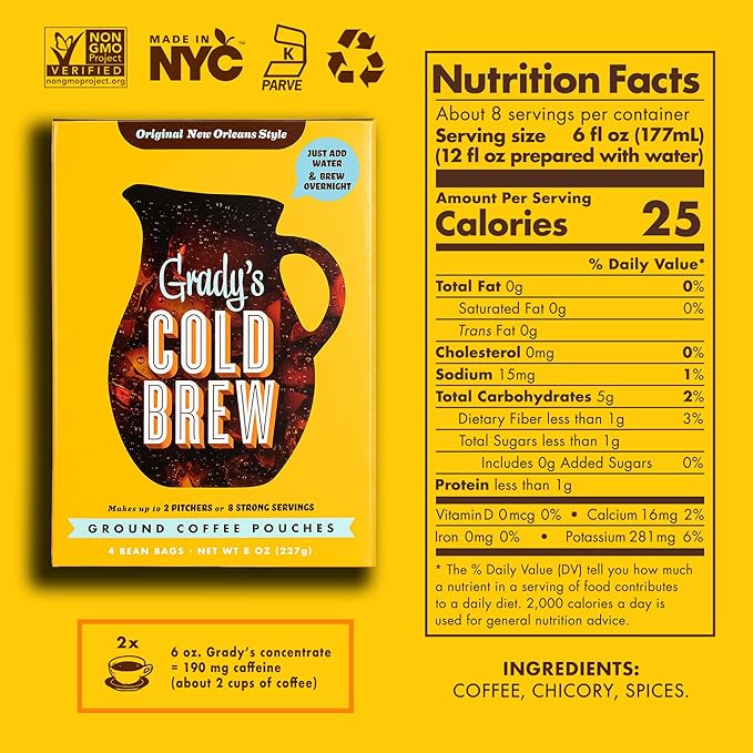 GRADY’S COLD BREW, New Orleans Style, 100% Arabica Ground Coffee & Chicory Pouches, TWO Boxes of