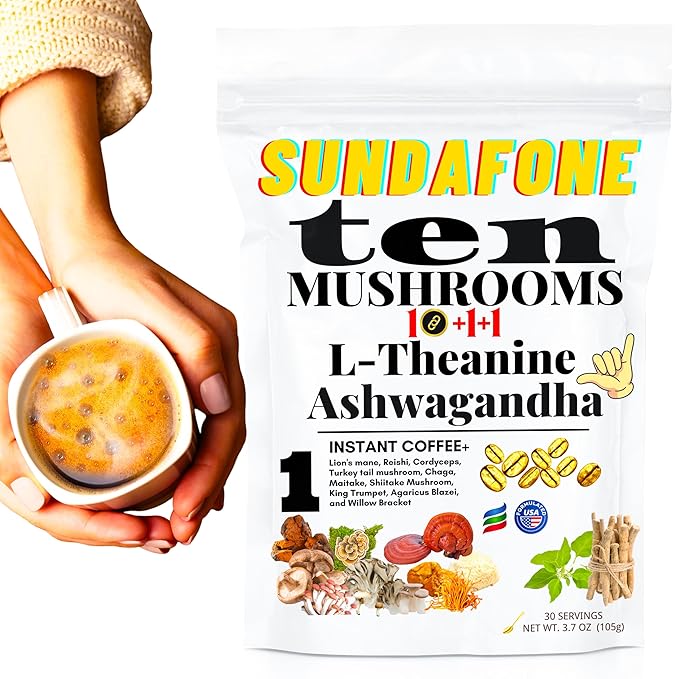 SUNDAFONE Mushroom Coffee with L-Theanine, Ashwagandha, Lion's Mane, Reishi for Focus, Immunity