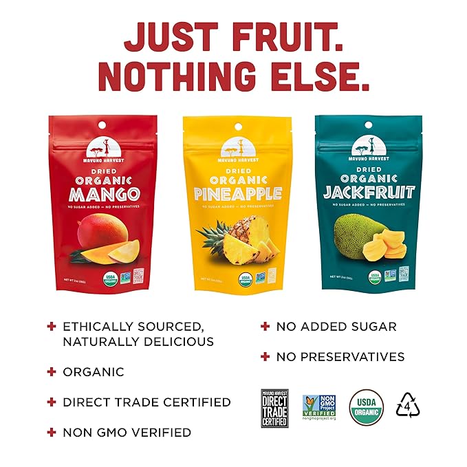 Mavuno Harvest Organic Dried Fruit Variety Pack | Dried Mango, Pineapple, and Jackfruit | Healthy