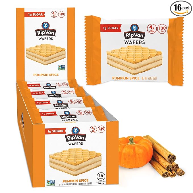 Rip Van Pumpkin Spice Keto Wafer Cookies, Healthy Vegan Snack, Non-GMO, Low Carb, Low Sugar (1g)