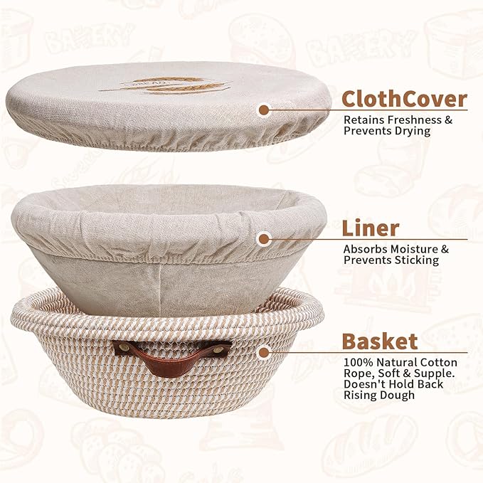 12 Inch Large Cotton Rope Banneton Bread Proofing Basket Set, 2 Pack Round Sourdough Bread Baking