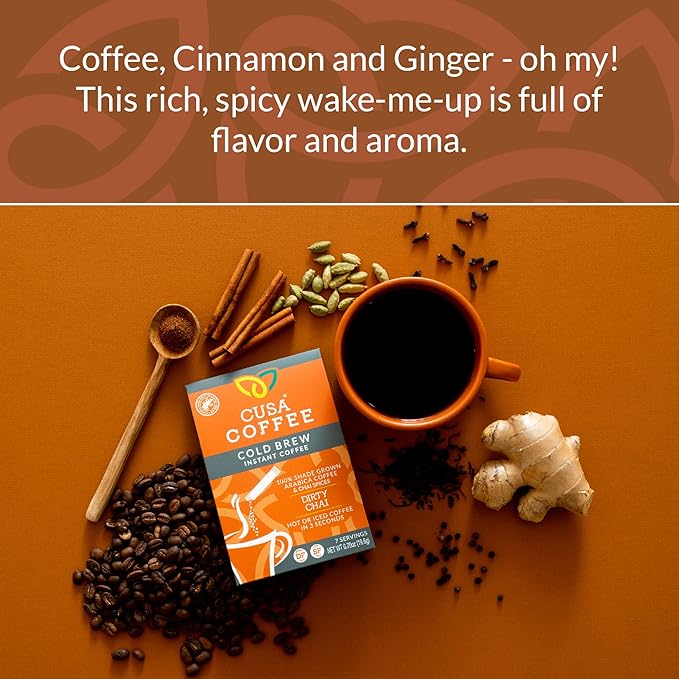 Cusa Tea & Coffee, Dirty Chai Cold Brew. Premium Instant Coffee, Rainforest Alliance Certified
