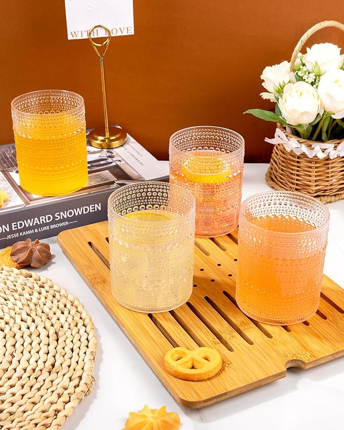 YOUBET 24PCS Plastic Hobnail Drinking Glasses - 14 Oz Clear Vintage Glasses Drinkware - Disposable