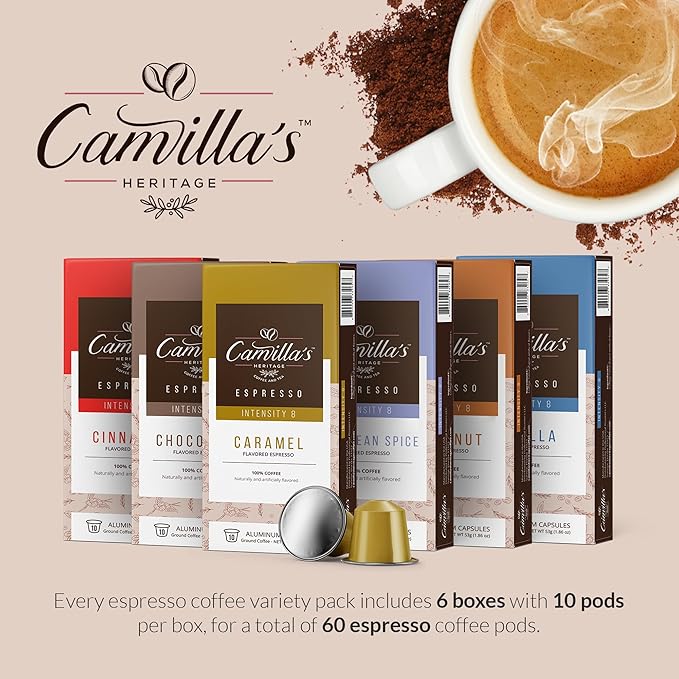 Camilla’s Heritage - Intensity 8 Flavored Espresso Coffee Variety Pack (Caribbean Spice, Cinnamon
