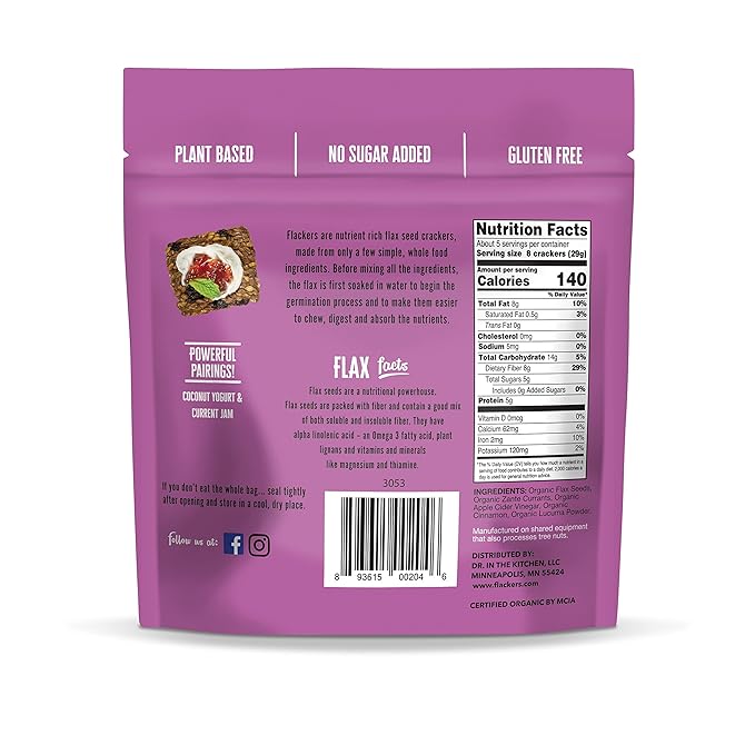 Flackers Organic Flax Seed Crackers Cinnamon & Currants, 5 Ounce 6-Pack, Gluten Free, Non GMO
