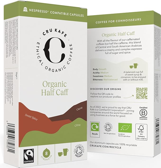 Cru Kafe USDA Organic Half Caff Espresso Coffee Capsules (10 Pods) Fairtrade Coffee Pods Compatible