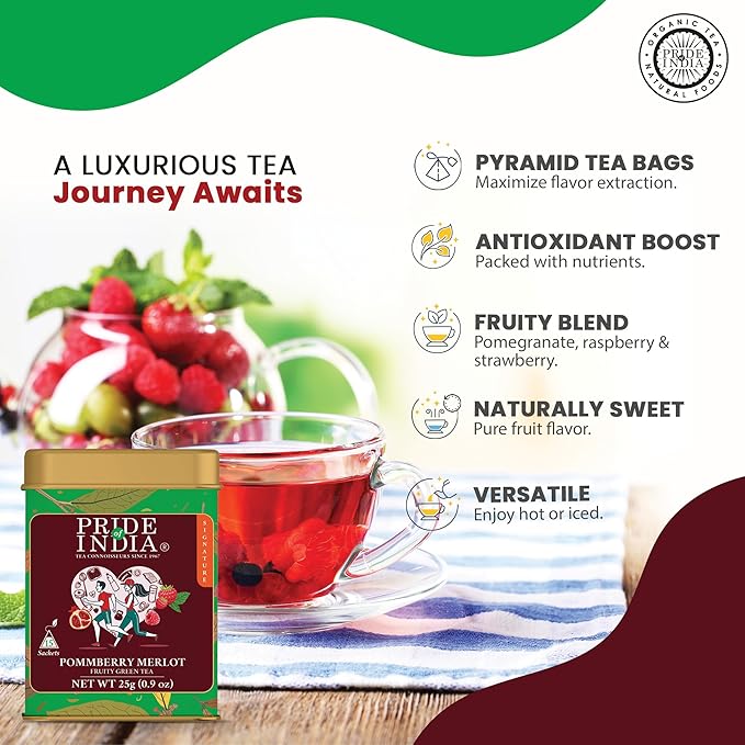 Pride of India | PommBerry Merlot Fruity Green Tea | 15 Pyramid Full Leaf Individually Wrapped Tea