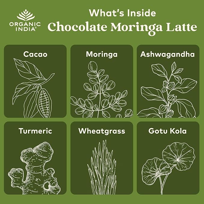 Organic India Chocolate Moringa Latte Powder - Superfood Mix, Moringa Leaf Tea, with Ashwagandha