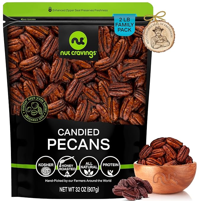 NUT CRAVINGS - Candied Pecans Honey Glazed Praline, No Shell (32oz - 2 LB) Bulk Nuts Packed Fresh