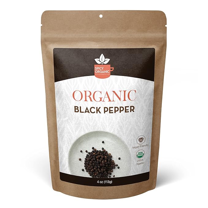 SPICY ORGANIC Black Peppercorns ??4 oz - Whole, Fresh, and Spicy Black Pepper for Grinder Refill