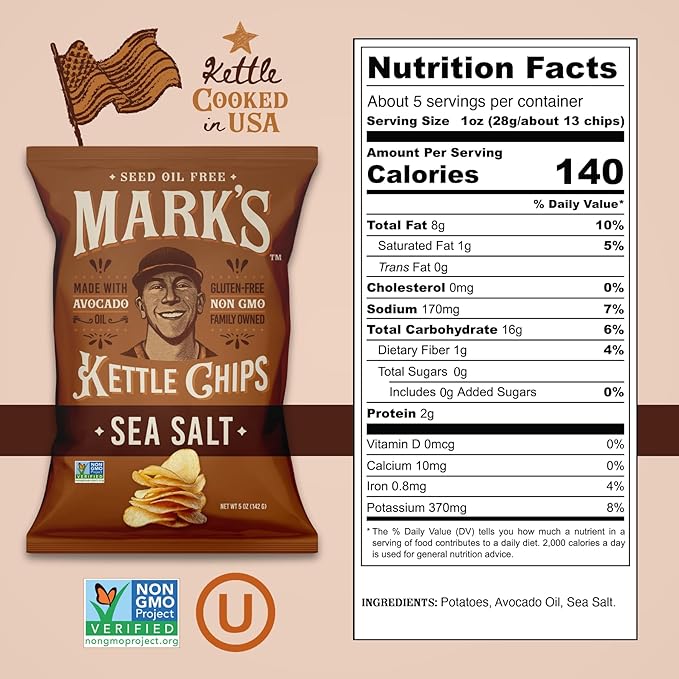 MARK???Kettle Cooked Avocado Oil Potato Chips, Sea Salt ??Seed Oil & GMO Free | Sea Salt, 5 oz