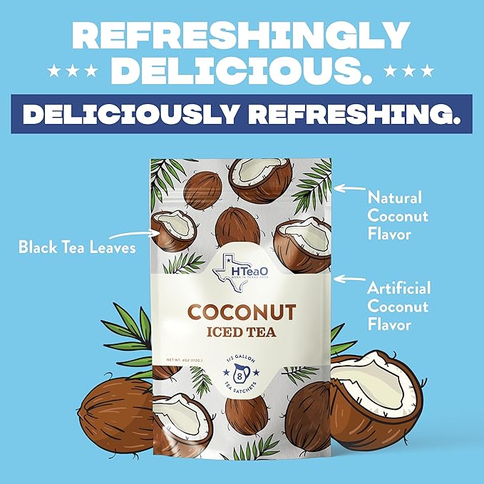 HTeaO Coconut Black Tea – Texas-Style Flavored Iced Tea Bags for Summer – Instant Ice Tea Packets