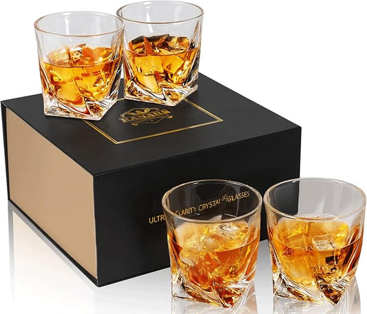 KANARS Whiskey Glasses Set of 4, 10 Oz Crystal Old Fashioned Cocktail Glass in Gift Box, Twisted
