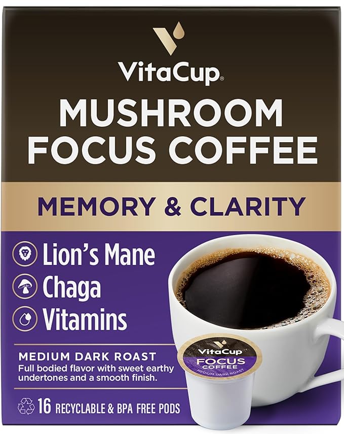 VitaCup Mushroom Coffee Pods - Boost Focus & Immunity with Lions Mane, Chaga, Vitamins, for Memory
