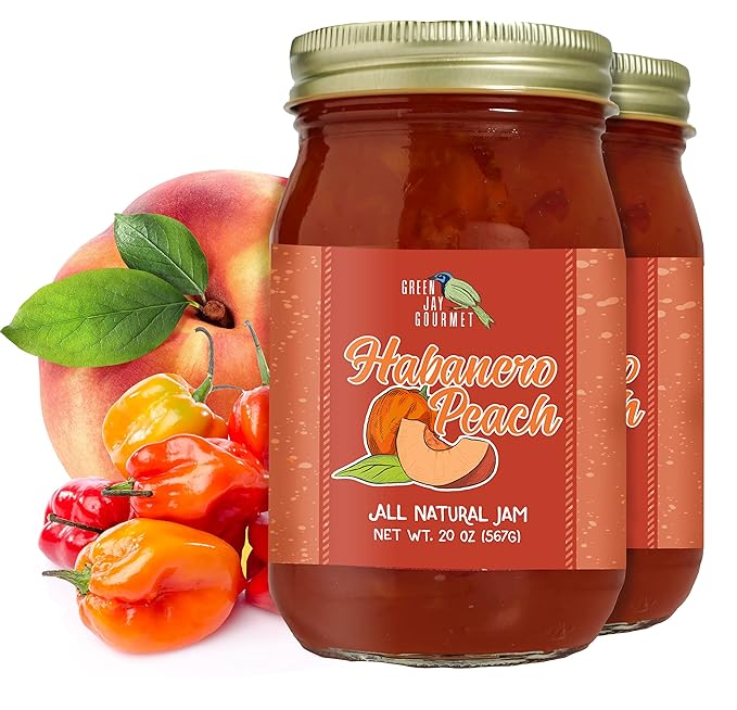 Green Jay Gourmet Peach Habanero Jam - All-Natural Peach Jam with Fresh Peaches, Habanero Peppers &