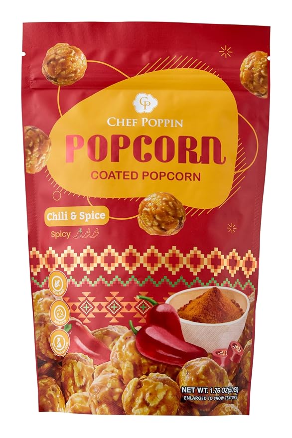 CHEF POPPIN Asian-Style Gourmet Flavored Popcorn, Non-GMO Corn, All Natural, Chili & Spice, 50g