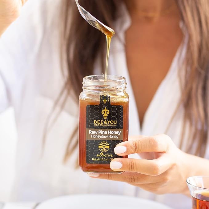BEE and YOU Pine Raw Honey, Honeydew Honey, Wild-crafted, 100% Natural, Unprocessed, Enzymes