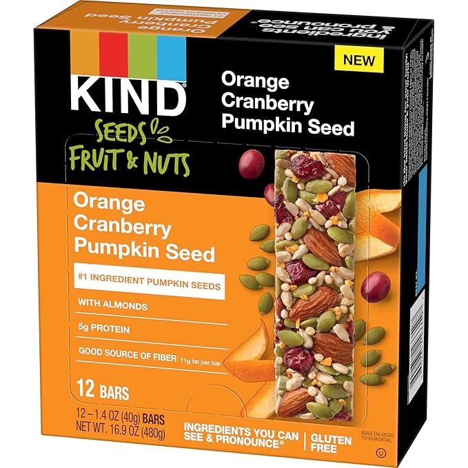 KIND Seeds Fruit & Nuts Snack Bar, Orange Cranberry | 5g Protein, High Fiber, Gluten Free Bars, 1.4