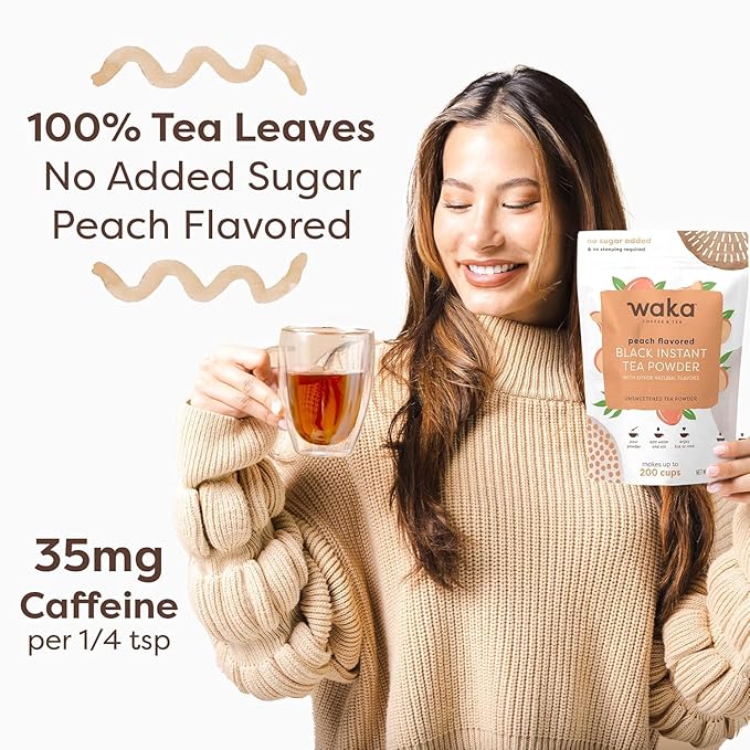 Waka Instant Black Tea Mix, Peach Flavored - 100% Tea Leaves, No Additives, Unsweetened Tea Powder