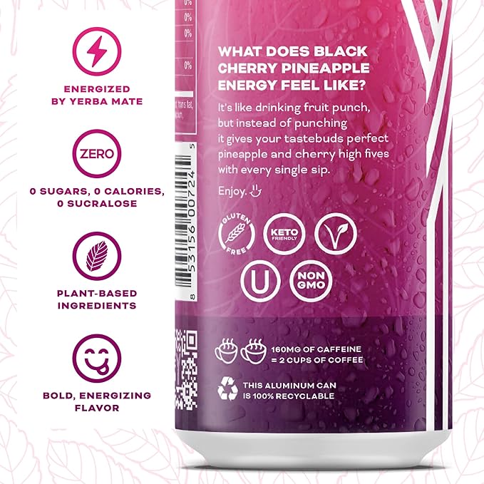 Yerbaé Energy Beverage - Black Cherry Pineapple, 0 Sugar, 0 Calories, 0 Carbs. Yerbae is Energized