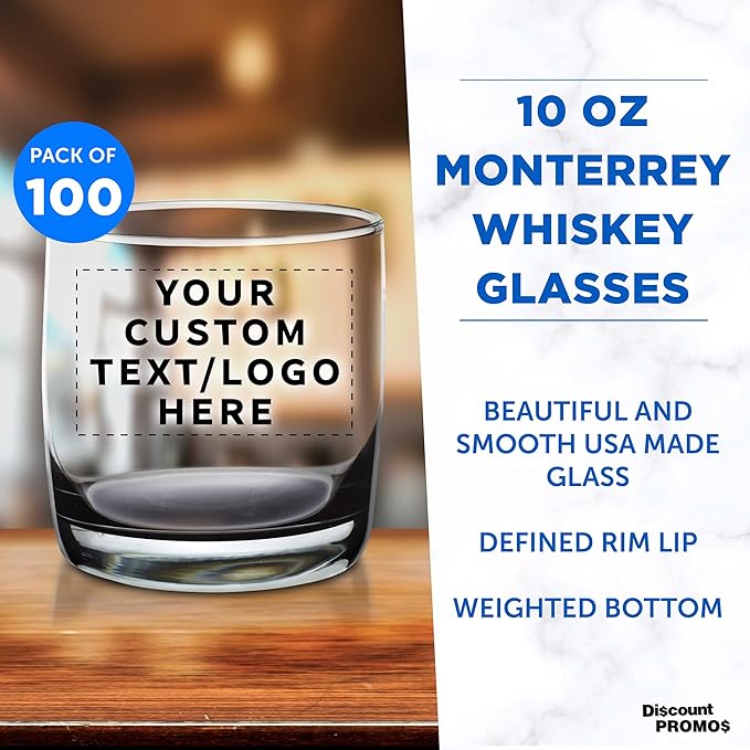 DISCOUNT PROMOS Custom Whiskey Glasses 10 oz Set of 100, Personalized Bulk Pack - Heavy Base Old