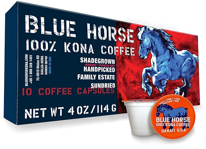 Blue Horse 100% Kona Coffee Pods, Medium Roast, 10ct Single Serve, Compatible with K Cups 2.0, Farm