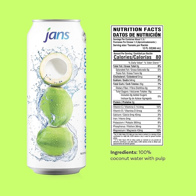 Jans 100% Pure Coconut Water with Real Pulp (12-Pack 16.57 Fl Oz) - No Sugar Added, Non-GMO