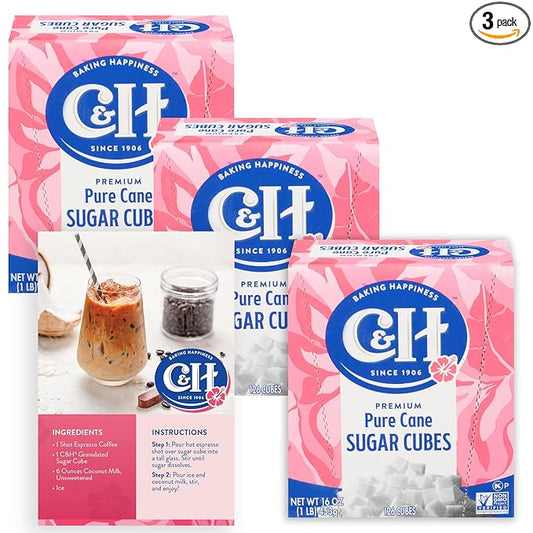 C&H Premium Pure Cane Sugar Cubes, 1 lb Boxes (Pack of 3) - Perfect for Coffee, Tea, Portion