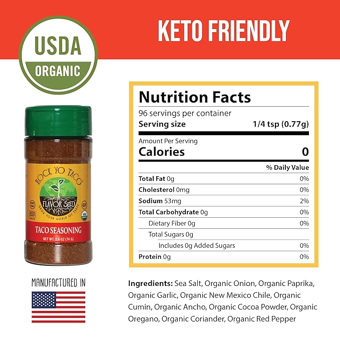 Flavor Seed Rock Yo Taco, Gluten Free Organic Taco Seasoning Mix, Low Sodium Mexican Spice Blend