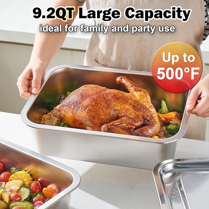 4 Inch Extra Deep Lasagna Pan with Lid, 11.8x15.7Inch 9.2QT Large Stainless Steel Nonstick Lasagna