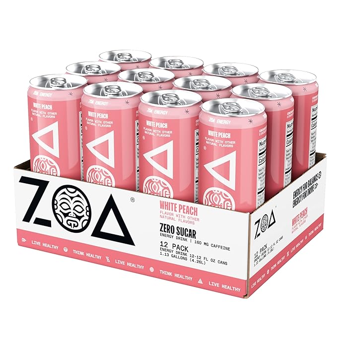 ZOA Zero Sugar Energy Drinks, White Peach - Sugar Free with Electrolytes, Healthy Vitamin C, Amino