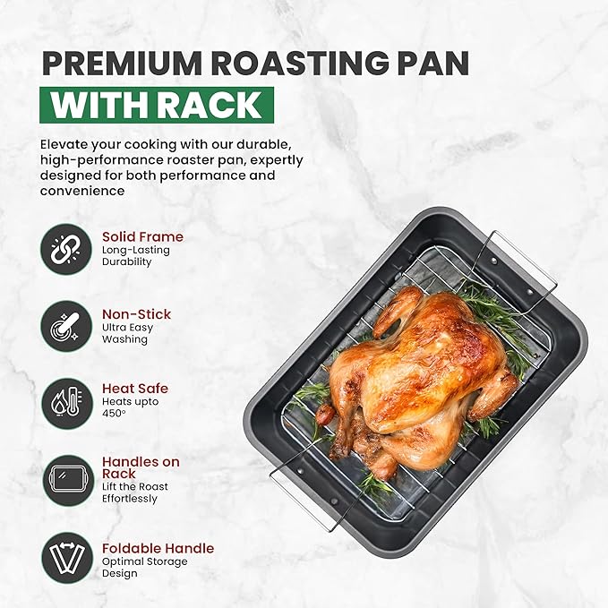 Roasting Pan With Rack 11" x 15" - Non Stick Large Roaster Pan and Flat Rack with Foldable Handles