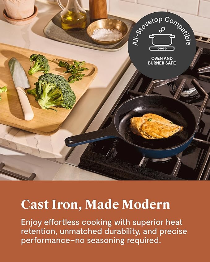 Caraway Cast Iron Skillet - 8” Enameled Cast Iron Pan With 3 Layer Enamel Coating - No Seasoning