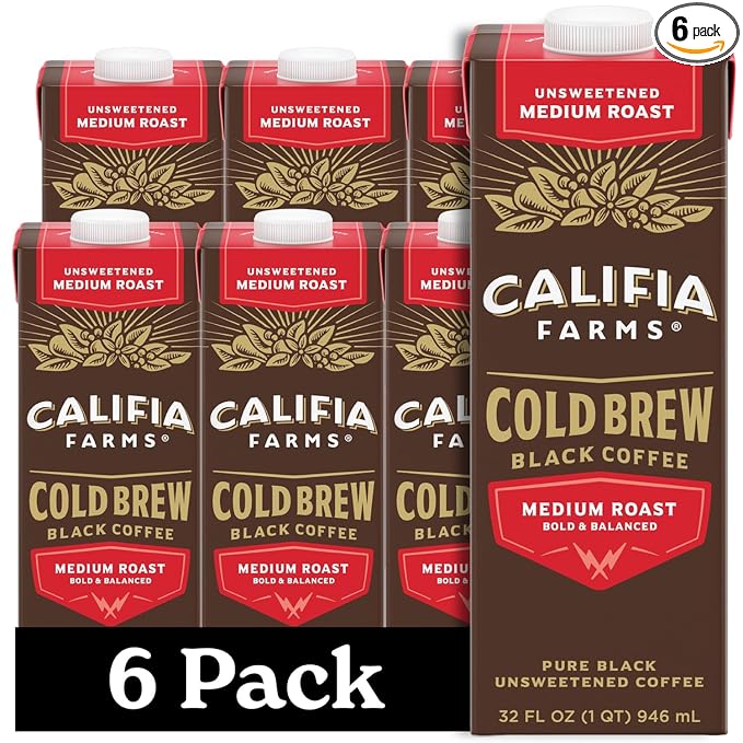 Califia Farms - Pure Black Medium Roast Cold Brew Coffee, 32 Oz (Pack of 6), 100% Arabica, Shelf