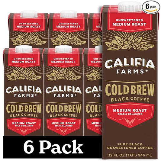 Califia Farms - Pure Black Medium Roast Cold Brew Coffee, 32 Oz (Pack of 6), 100% Arabica, Shelf