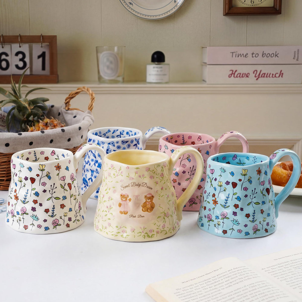 Large Ceramic Coffee Mug Cute Flower with Handmade Big Handle, 20oz Girly Pink Floral Tea Cup for