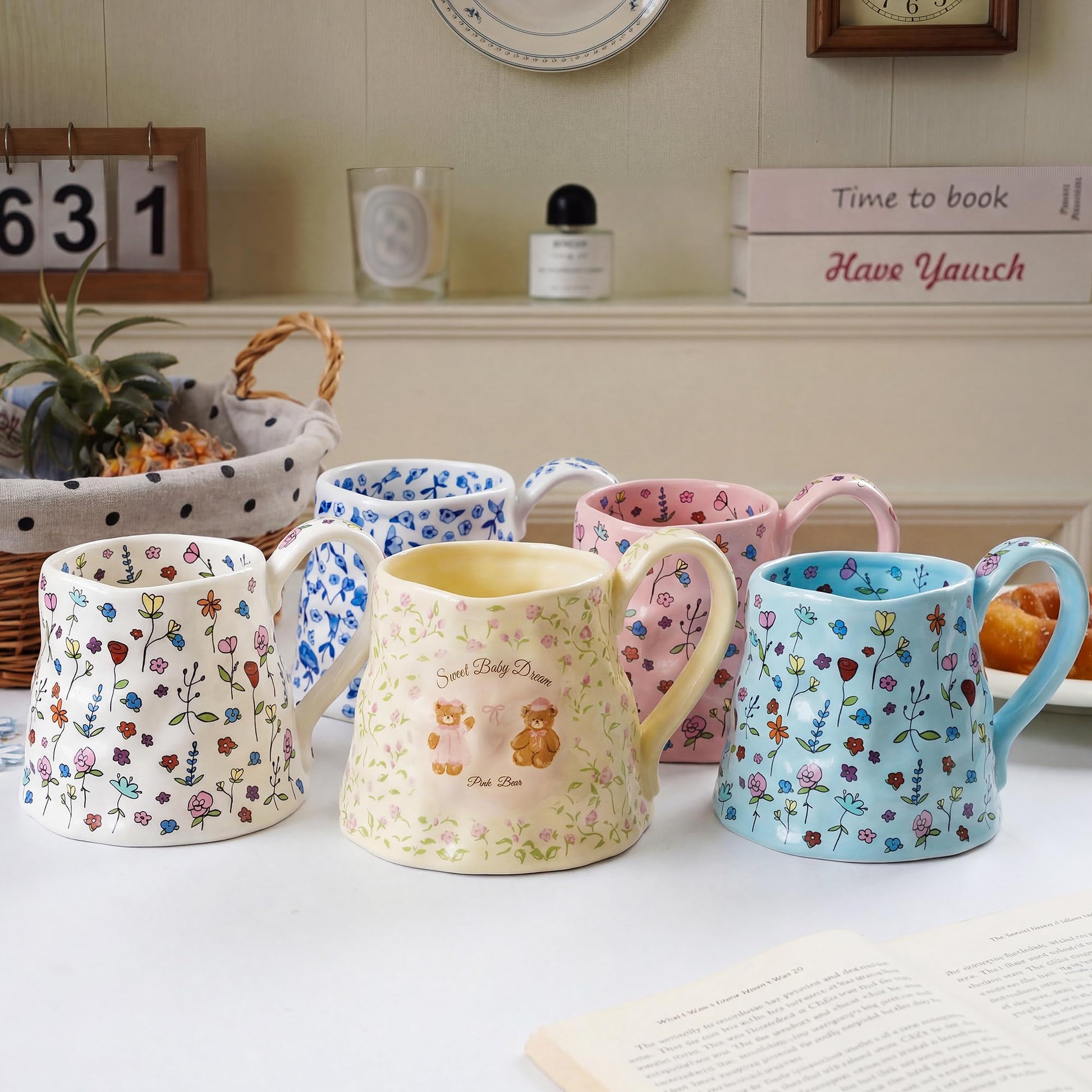 Large Ceramic Coffee Mug Cute Flower with Handmade Big Handle, 20oz Girly Pink Floral Tea Cup for