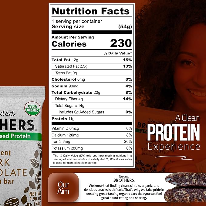 Bearded Brothers Organic Protein Bars, Dark Chocolate (10 Pack) - 11g of Plant Based Protein Gluten
