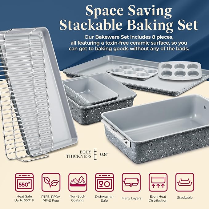 Bakken 8-Piece Stackable Bakeware Set - Ceramic Non-Stick Coating, Baking Sheets, Assorted Baking