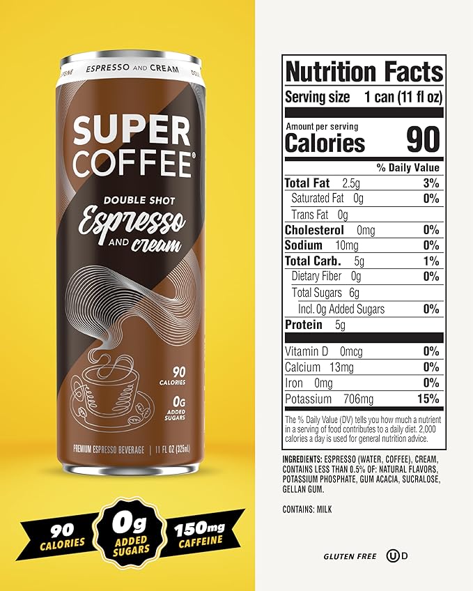 SUPER COFFEE Espresso, Iced Keto Coffee (0g Added Sugar, 90 Calories) [Espresso & Cream] 11 Fl Oz