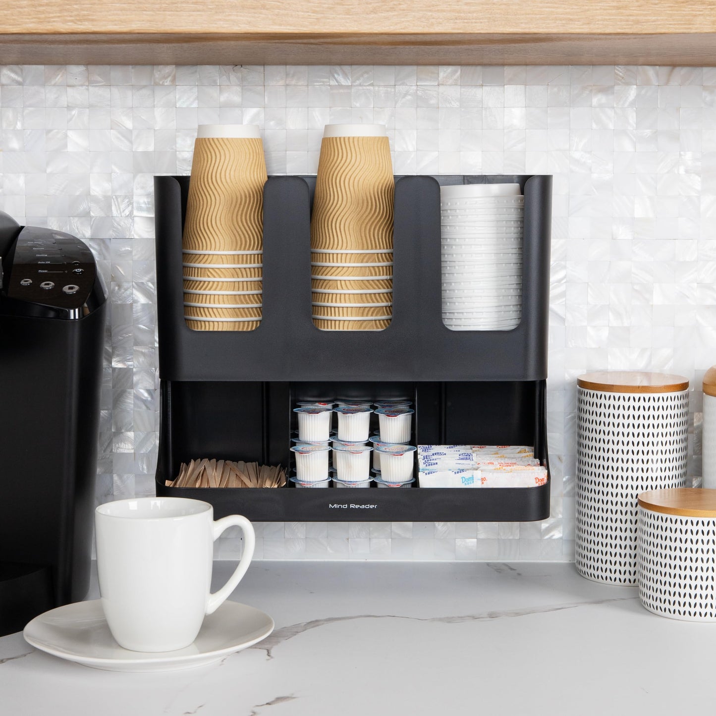 Mind Reader Condiment Station, 13 Inch Countertop Coffee Bar Organizer with 6 Compartments, Storage