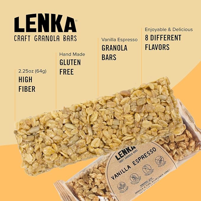 Lenka Bars - Vanilla Espresso Snack Bars, Gluten Free, High Fiber, Kosher, Wholesome, No Artificial