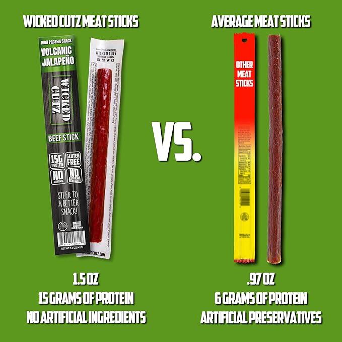 Wicked Cutz Volcanic Jalapeno Spicy Beef Sticks, Tender, Flavorful, Extra Large, Hot Beef Jerky