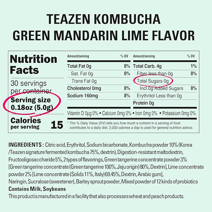 TEAZEN Green Mandarin Lime Kombucha Tea, Hydration Drink Mix, Sugar Free, Live Probiotics &
