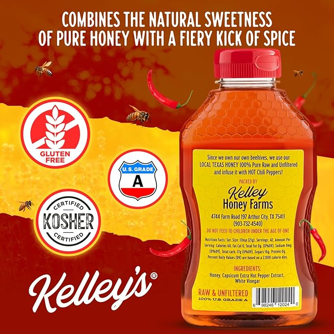 Kelley's Hot Honey, 24 Oz – 100% Unfiltered Raw Honey Infused with Chili Pepper – Rich Flavor for