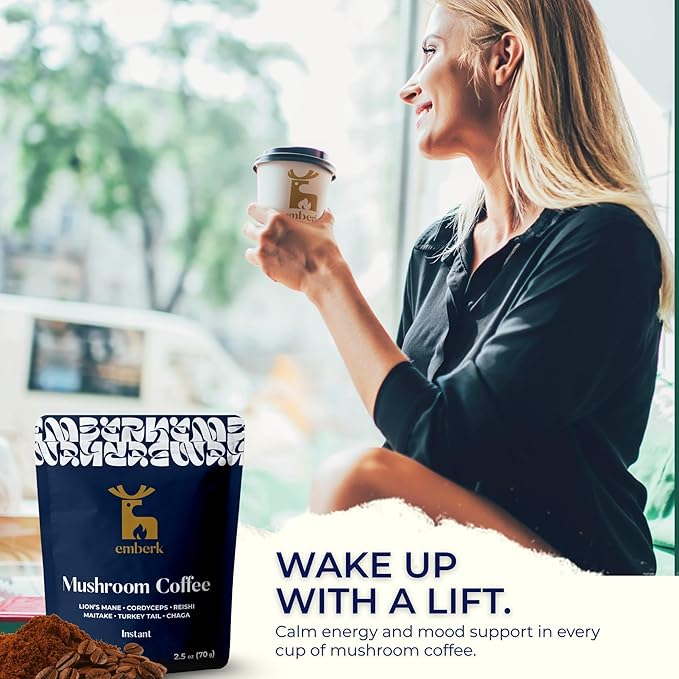 Emberk Organic Instant Mushroom Coffee - 35 Servings of Arabica Coffee with Six 100% Fruiting Body