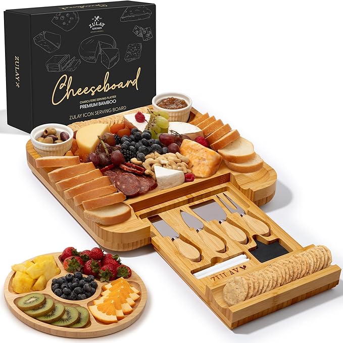 Zulay Kitchen Premium Bamboo Cheese Board Set - Extra Thick Bamboo Charcuterie Board Set with 4