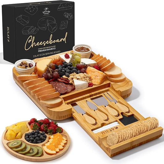 Zulay Kitchen Premium Bamboo Cheese Board Set - Extra Thick Bamboo Charcuterie Board Set with 4
