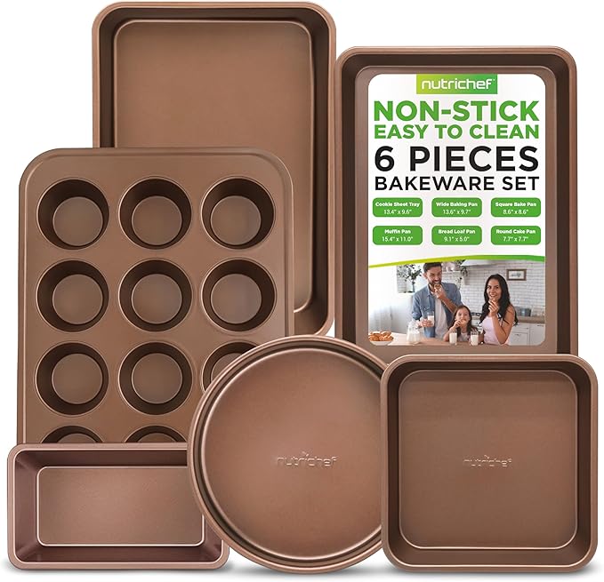 NutriChef 6-Piece Nonstick Bakeware Set, Carbon Steel Baking Pans, Includes Cookie Trays, Wide &